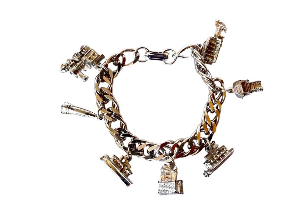 Vtg Disneyland Souvenir Charm Bracelet Silver Castle Twain Train Trolley Rocket